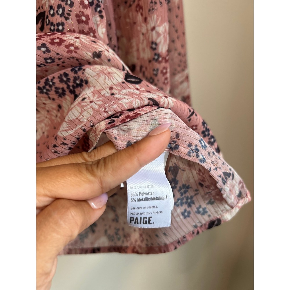 PAIGE Pink Floral Ruffle Blouse Metallic Shimmer Tie Neck Boho Romantic Top S - Picture 5 of 8